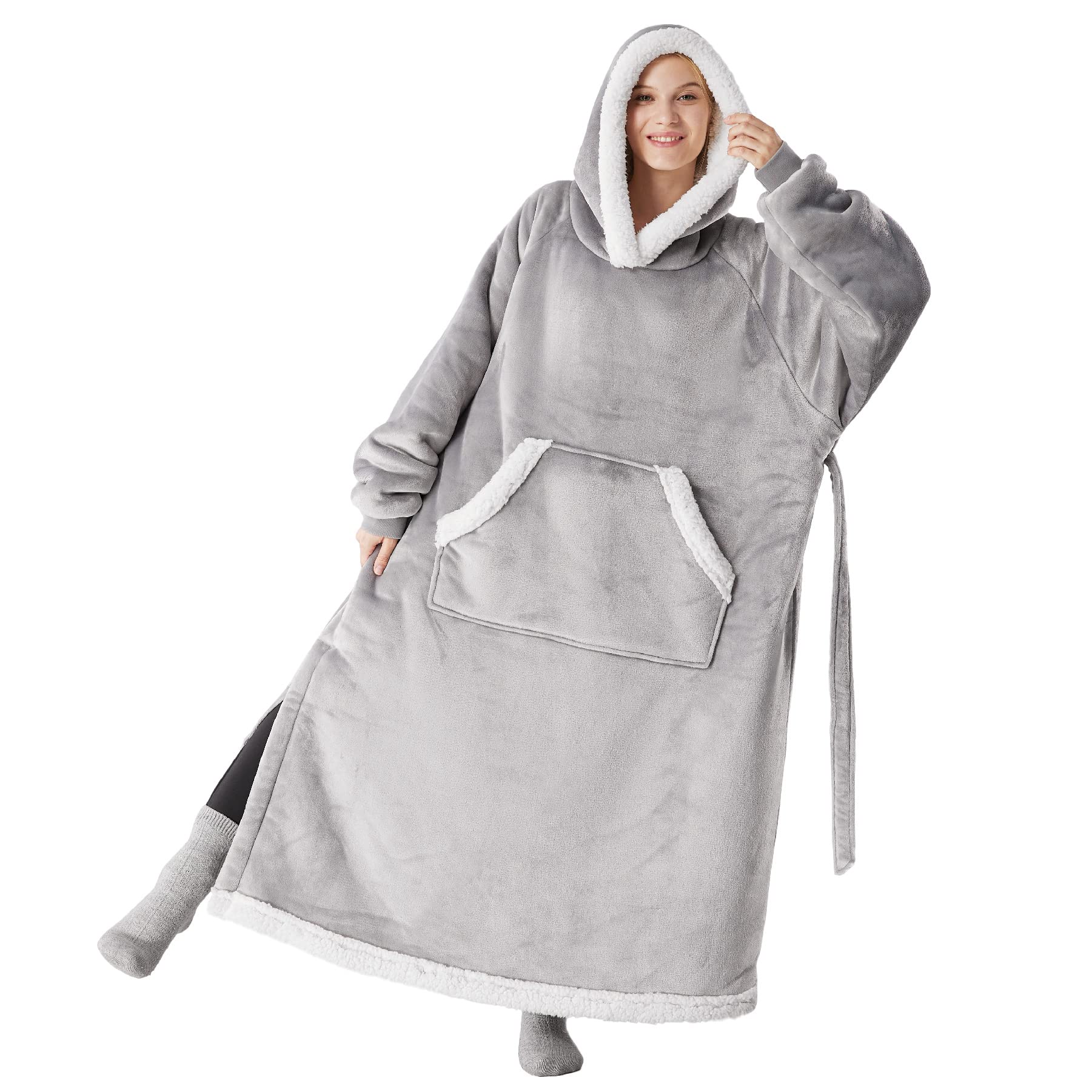 BedsureWearableBlanketHoodie-Long-Length HoodedBlanketSweatshirtfor Women Men Teens Sherpa Fleece Blanket Jacket