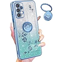 Likiyami (3in1 for Samsung Galaxy A32 5G Case for Women Girls Glitter Girly Cute Bling Flowers Blue Phone Cases with Ring Stand Design Sparkle Floral Shiny Pretty Cover for Samsung A32 5G 6.5''