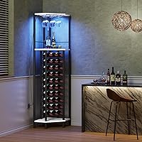 Corner Wine Rack with Glass Holder and Led Strip Light, Corner Bar Wine Racks Free Standing Floor, Industrial Corner Bar Cabinet for Kitchen, Dining Room, Living Room or Cellar