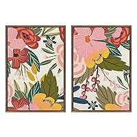 Kate and Laurel Sylvie Softly 1 and 2 Framed Canvas Wall Art Set by Mia Charro, 2 Piece 23x33 Gold, Modern Colorful Flower Illustration Art for Wall