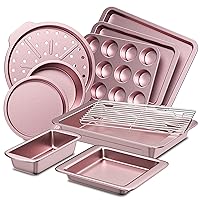 HONGBAKE Bakeware Sets, Baking Pans Set, Nonstick Oven Pan for Kitchen with Wider Grips, 10-Piece Including Rack, Cookie Sheet, Cake Pans, Loaf Pan, Muffin Pan, Pizza Pan - Pink