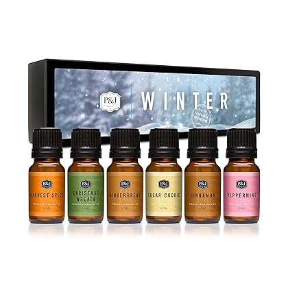 P&J Fragrance Oil Winter Set | Cinnamon, Gingerbread, Sugar Cookies, Harvest Spice, Peppermint, and Christmas Wreath Candle Scents for Candle Making, Freshie Scents, Soap Making Supplies