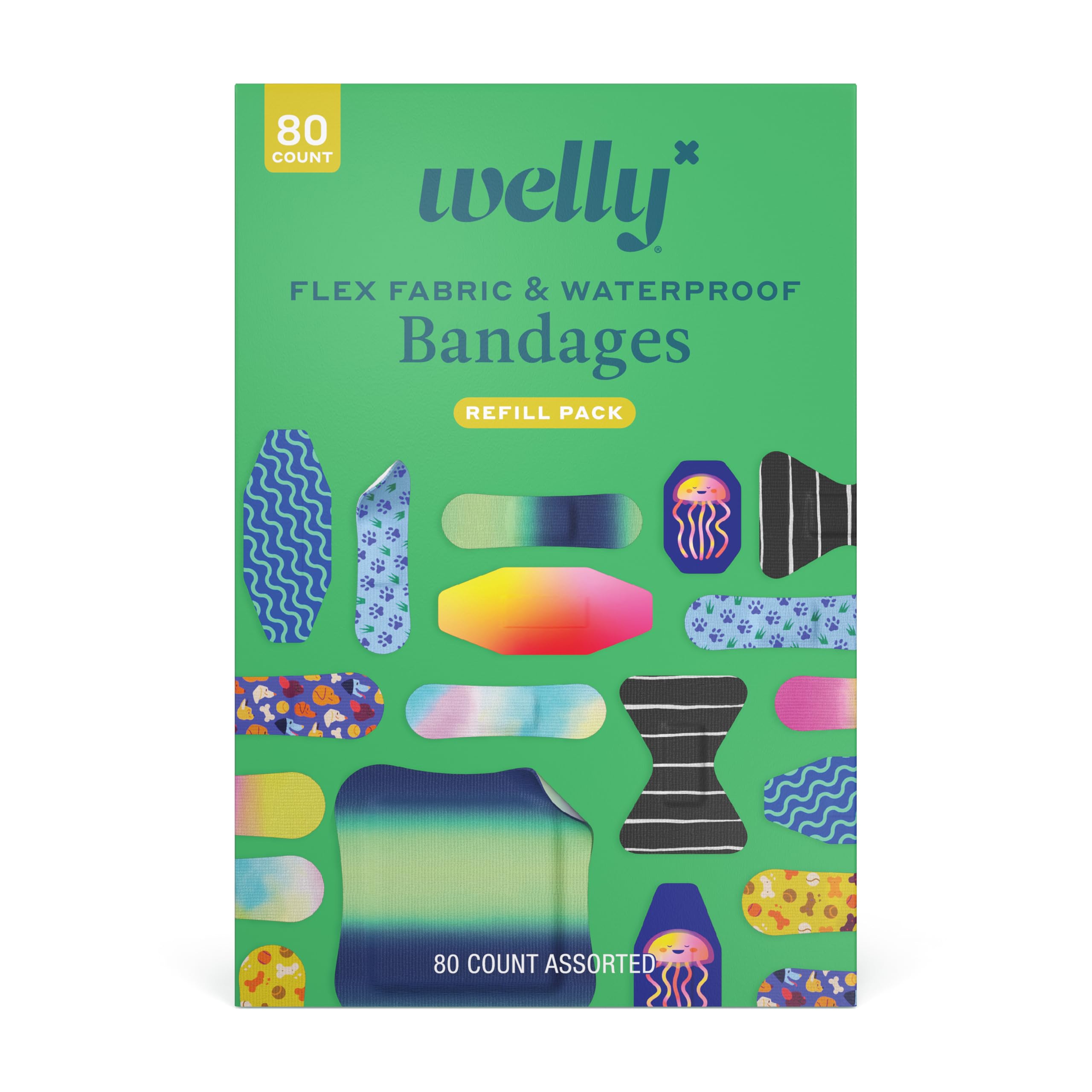 Welly Bandage Family Pack | Adhesive Flexible Fabric & Waterproof Bandages | Assorted Shapes and Patterns for Minor Cuts, Scrapes, and Wounds - 80 Count