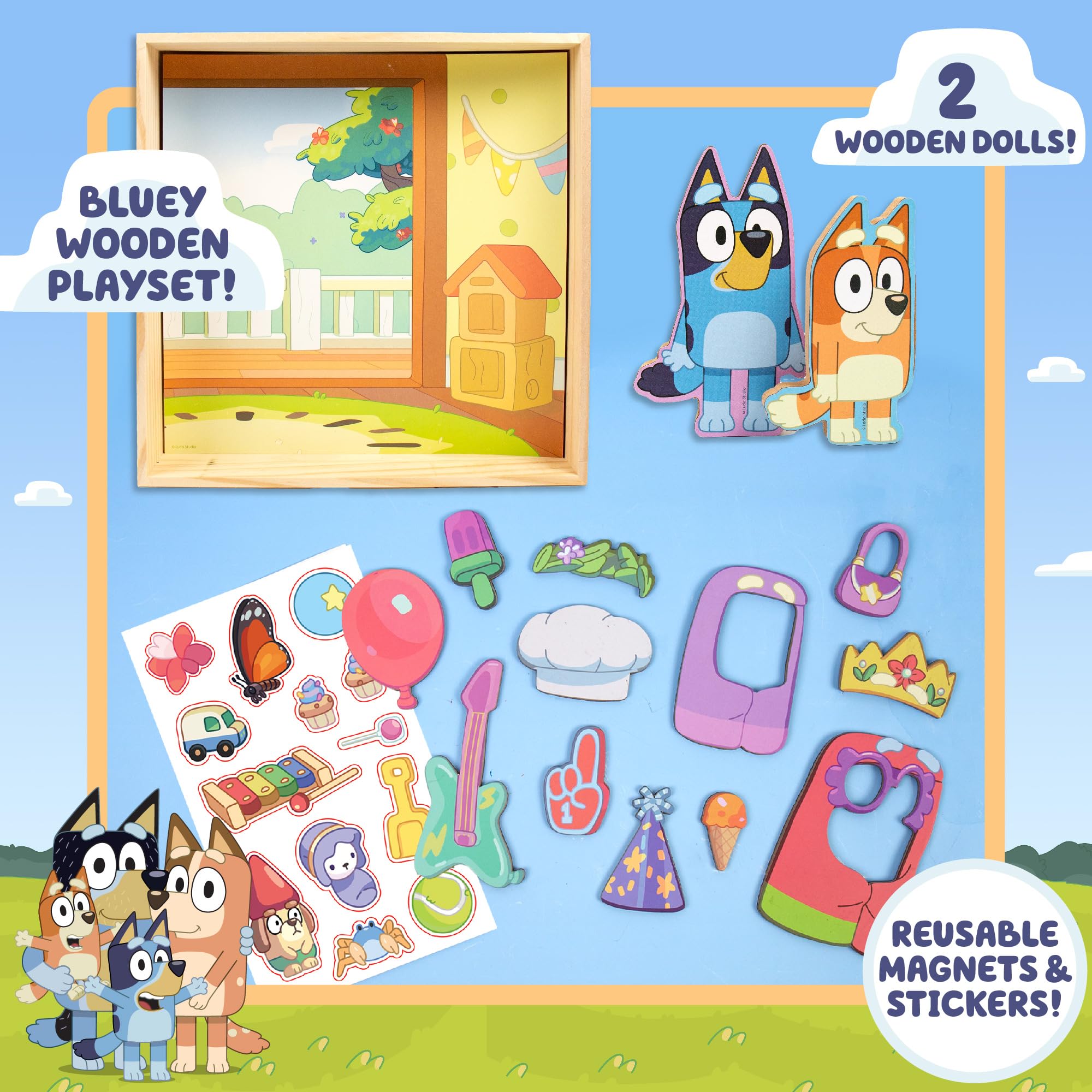 Bluey Magnetic Wooden Playhouse, 18 Piece Activity Set, Includes 2 Wooden Dolls House, Great Toys for Kids, Fun Birthday Party Activity, House Playset