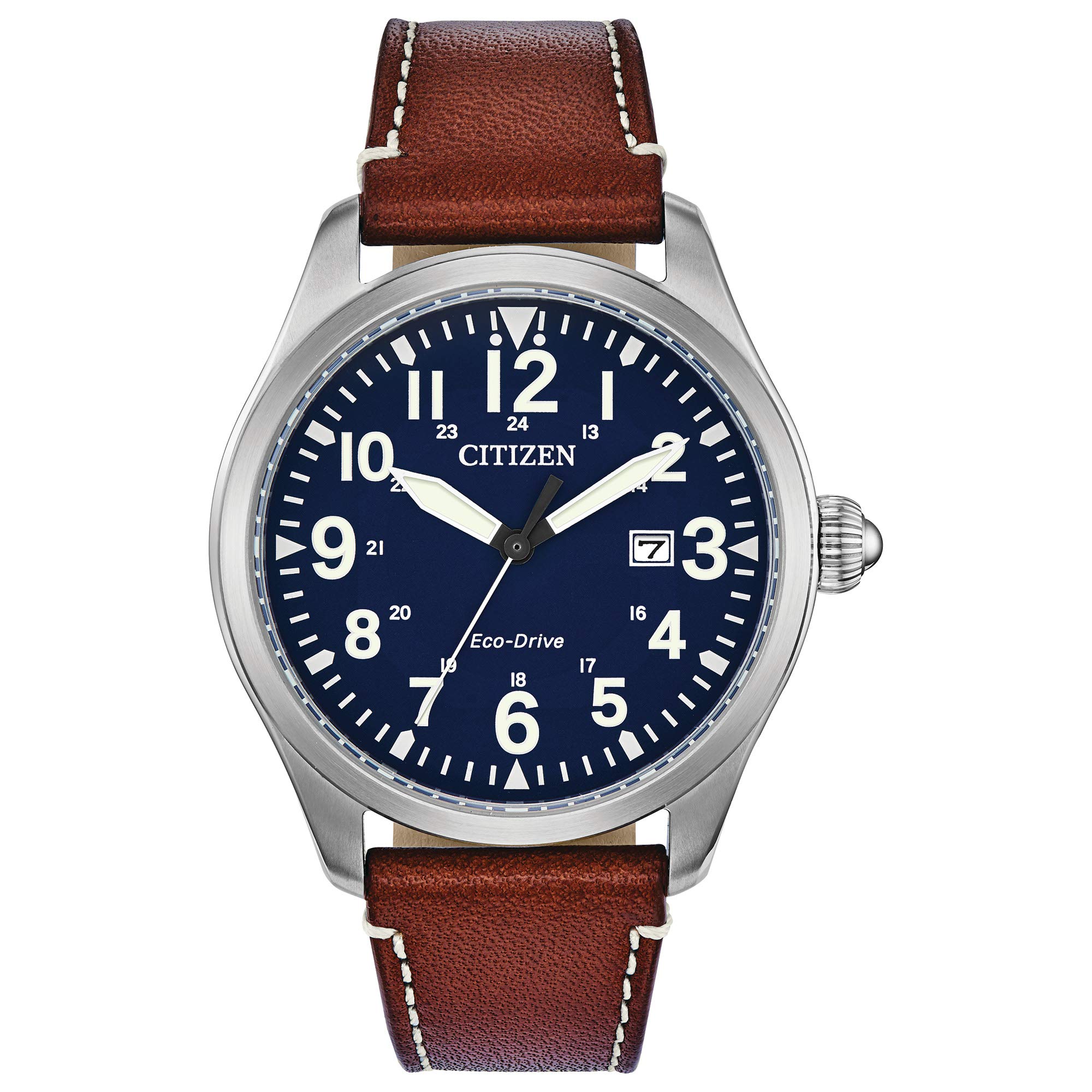 Citizen Men's Sport Casual Garrison 3-Hand Date Eco-Drive Leather Strap Watch, Arabic Markers, Stainless Steel, Field Watch