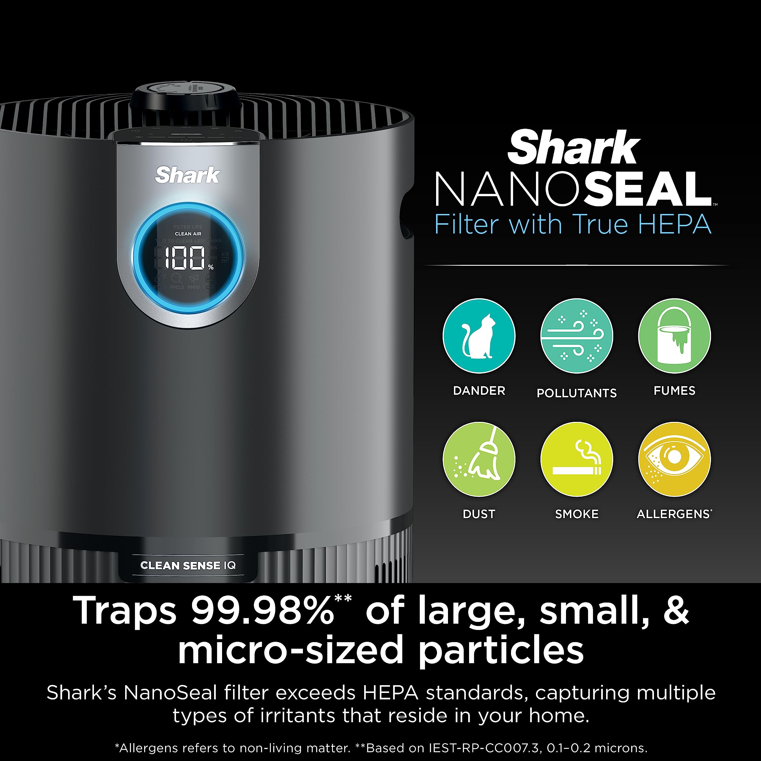 Shark HP232 Clean Sense Air Purifier MAX with Odor Neutralizer Technology, Allergies, HEPA Filter, 1200 Sq Ft, XL Room, Whole Home, Captures 99.98% of Particles, Allergens, Smells & More, Grey