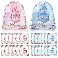 Riakrum 24 Pcs Prince Princess Party Favor Bags Pink Blue Drawstring Goodie Bags Floral Castle Prince Princess Gift Bags Candy Bags for Kid Birthday Baby Shower Decorations Supplies 11.8 x 9.8''