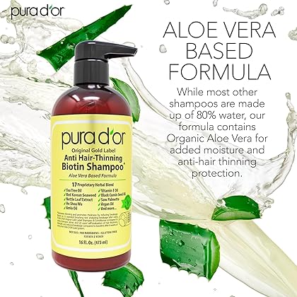 PURA D'OR Original Gold Label Anti-Thinning Biotin Shampoo Natural Earthy Scent,Clinically Tested Proven Results,Herbal DHT Blocker Hair Thickening Products For Women & Men,Color Treated Hair,16oz
