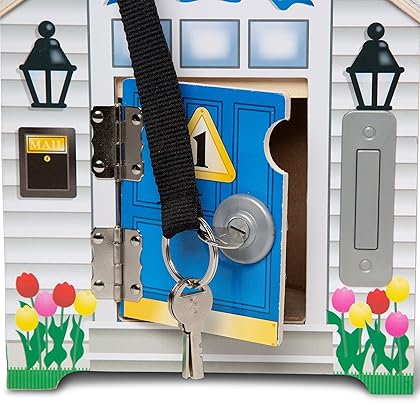 Melissa & Doug Take-Along Wooden Doorbell Dollhouse - Doorbell Sounds, Keys, 4 Poseable Wooden Dolls - Portable Doll House, Doorbell House For Kids Ages 3+