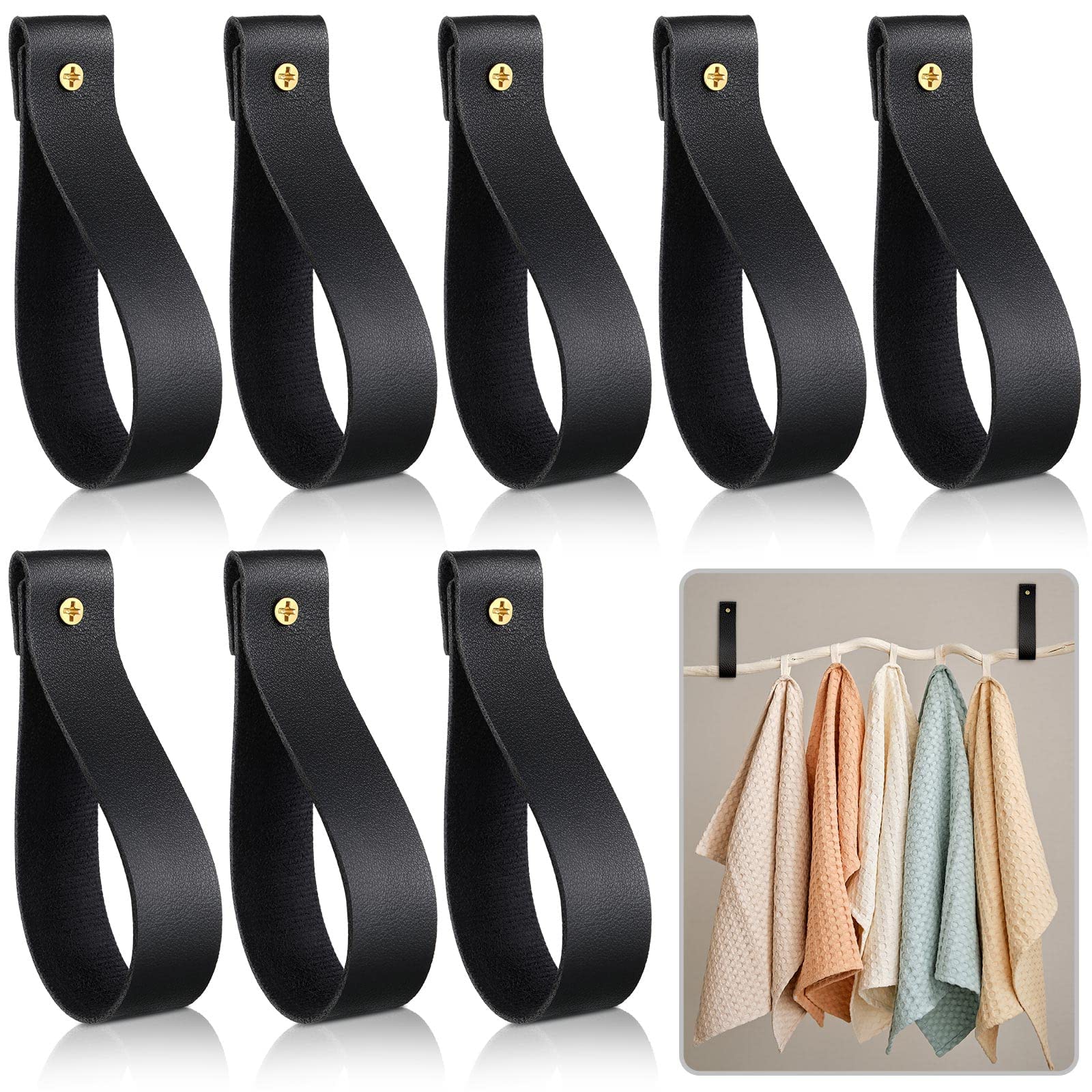 8 Pcs Artificial Leather Wall Hooks 1 x 4.7 Inches Wall Hanging Strap Wall Mounted Loop for Hanging Leather Strap Hangers for Bathroom Kitchen Bedroom