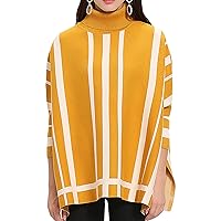 Women's Chic Turtleneck Batwing Sleeve Asymmetric Hem Knitted Pullovers Casual Side Slits Stripe Poncho Sweater Tops