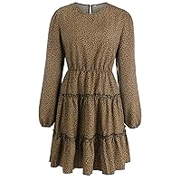 Women's Wear 2021 New Pullover Long-Sleeve Floral Fashion Dress Women's Autumn/Winter A-line Dress (Khaki,L)