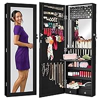 Best Choice Products LED Mirror Jewelry Cabinet, Lockable Wall or Door Mounted Jewelry Armoire Organizer with Mirror, 2 Drawers, Lock, Cosmetic Tray, Shelves, Christmas Gifts - Black