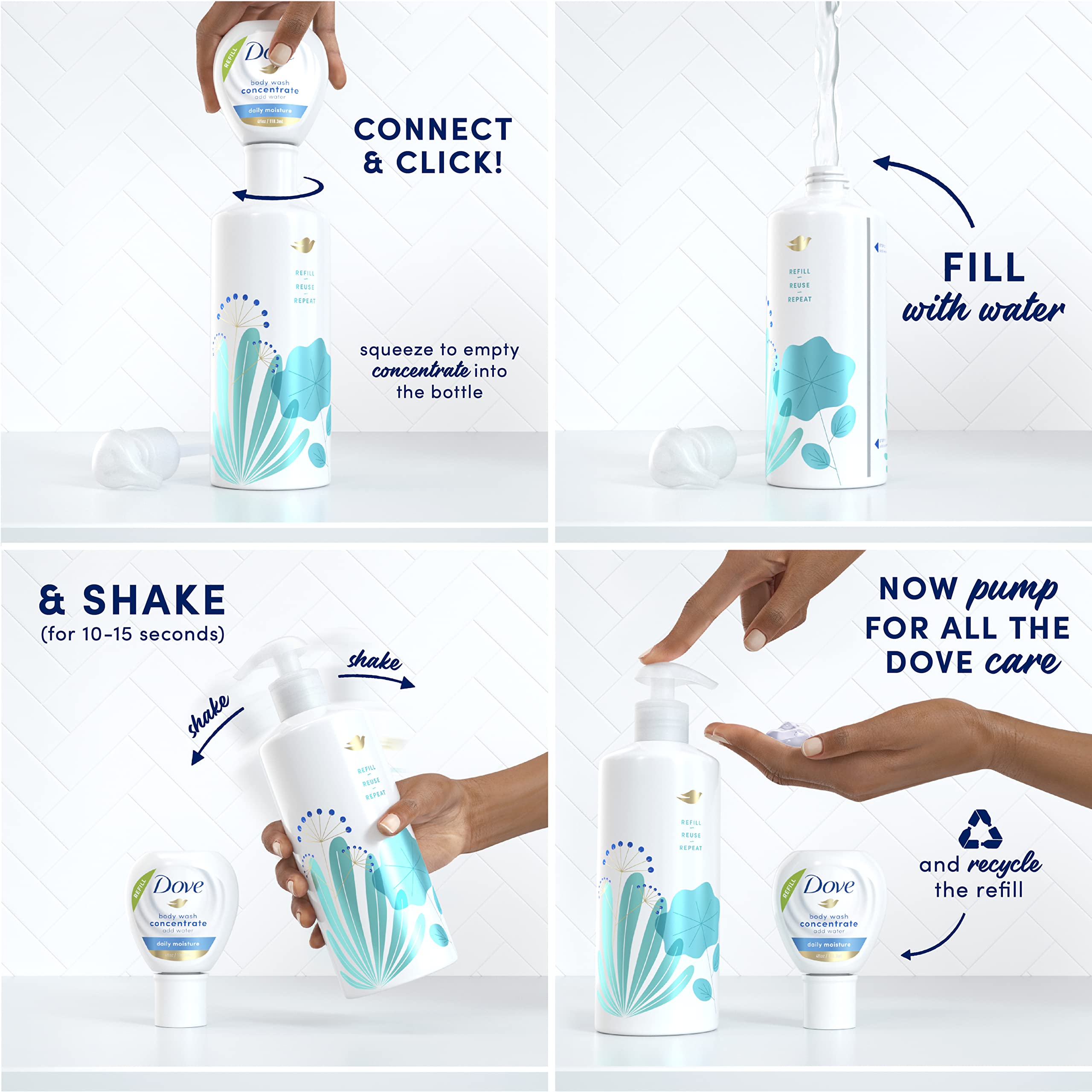 Dove Concentrate Refills (x2) and 100 percent Recycled Reusable Bottle for Instantly Soft Skin Daily Moisture Starter Kit for Lasting Nourishment Body Care 4 fl oz (makes 16 fl oz)