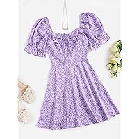 Summer Dresses for Women 2022 Allover Plants Print Drawstring Front Ruffle Cuff Dress (Color : Lilac Purple, Size : Small)