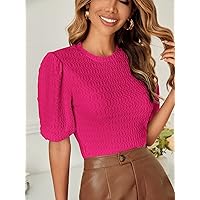 Women's T-Shirt Solid Puff Sleeve Tee Women's T-Shirt (Color : Hot Pink, Size : X-Large)