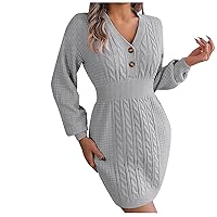 Cyber Fashion Monday Deals Lantern Sleeve Sweater Dress Womens Cable Knit Fall Dresses Button V Neck Pullover Knitted Dress Balck of Friday Ropa De Otoño E Invierno Gray