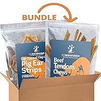 Bundle - Meaty Beef Tendon Chews (12-Pack, 7-9”) and Thick Cut Pig Ear Strips (2 Pounds) - Packaged in USA, Rawhide Free, All Natural, Long Lasting Treats for Small, Medium & Large Aggressive Chewers
