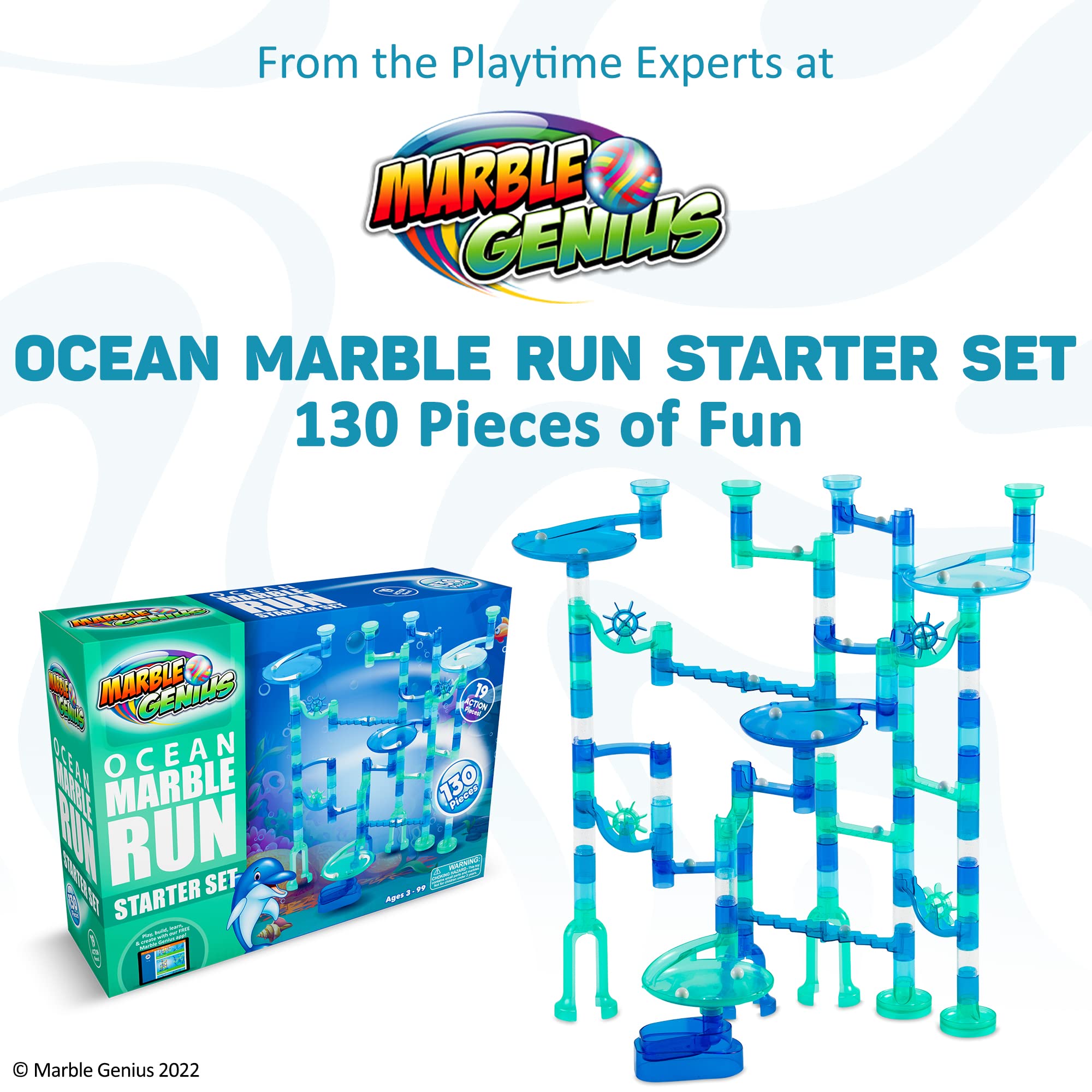 Marble Genius Marble Run Ocean Starter Set - 130 Complete Pieces + Free Instruction App (80 Translucent Marbulous Pieces + 50 Glass Marbles)