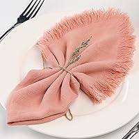 Handmade Cloth Napkins with Fringe,18 x 18 Inches Cotton Linen Napkins Set of 6 Versatile Handmade Square Rustic Fringe Napkins for Dinner, Wedding and Parties, Coral Pink