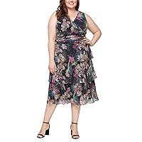 S.L. Fashions Women's Plus Size Midi Sleeveless Printed Dress with Ruched Waist and Tiered Skirt