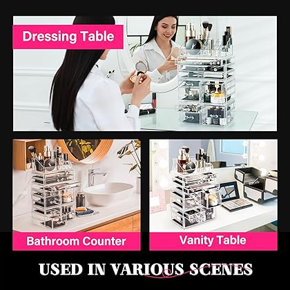 DreamGenius Makeup Organizer 4 Pieces Acrylic Makeup Storage Organizer Box with 9 Drawers for Lipstick Jewerly and Makeup Brushes, Stackable Cosmetic Display Cases for Dresser and Bathroom Countertop