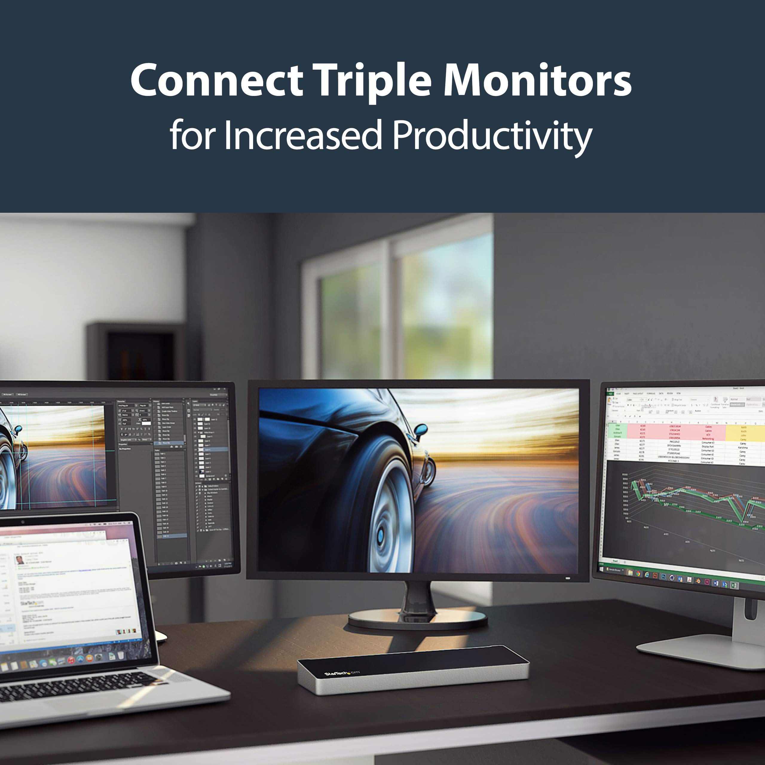 StarTech.com Triple Monitor USB 3.0 Docking Station with 2x 4K DisplayPort & HDMI, 5x USB-A Hub (1x Fast-Charge), 3.5mm Audio, GbE - USB Type A Universal Laptop Dock, MacOS / Windows (USB3DOCKH2DP)