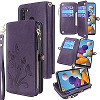 Lacass [Cards Theft Scan Protection 10 Card Slots Holder Zipper Pocket Wallet Case Flip Leather Cover with Wrist Strap Magnetic Closure Stand for Samsung Galaxy A21 A215 (Floral Dark Purple)