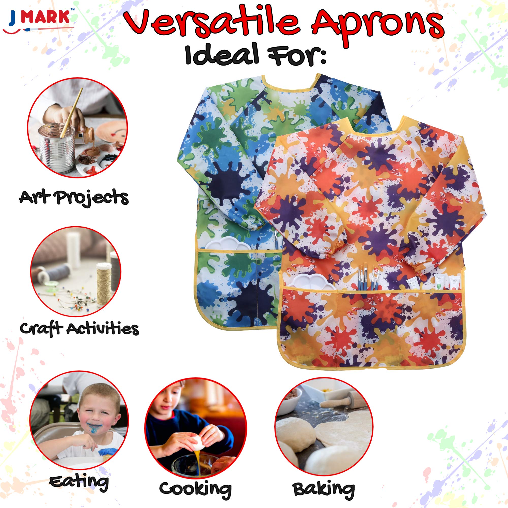 Kids Art Smock Painting Apron -(Pack of 2) Long Sleeve and 2 Pockets for Baking, Eating, Arts & Crafts-Waterproof Paint Shirt