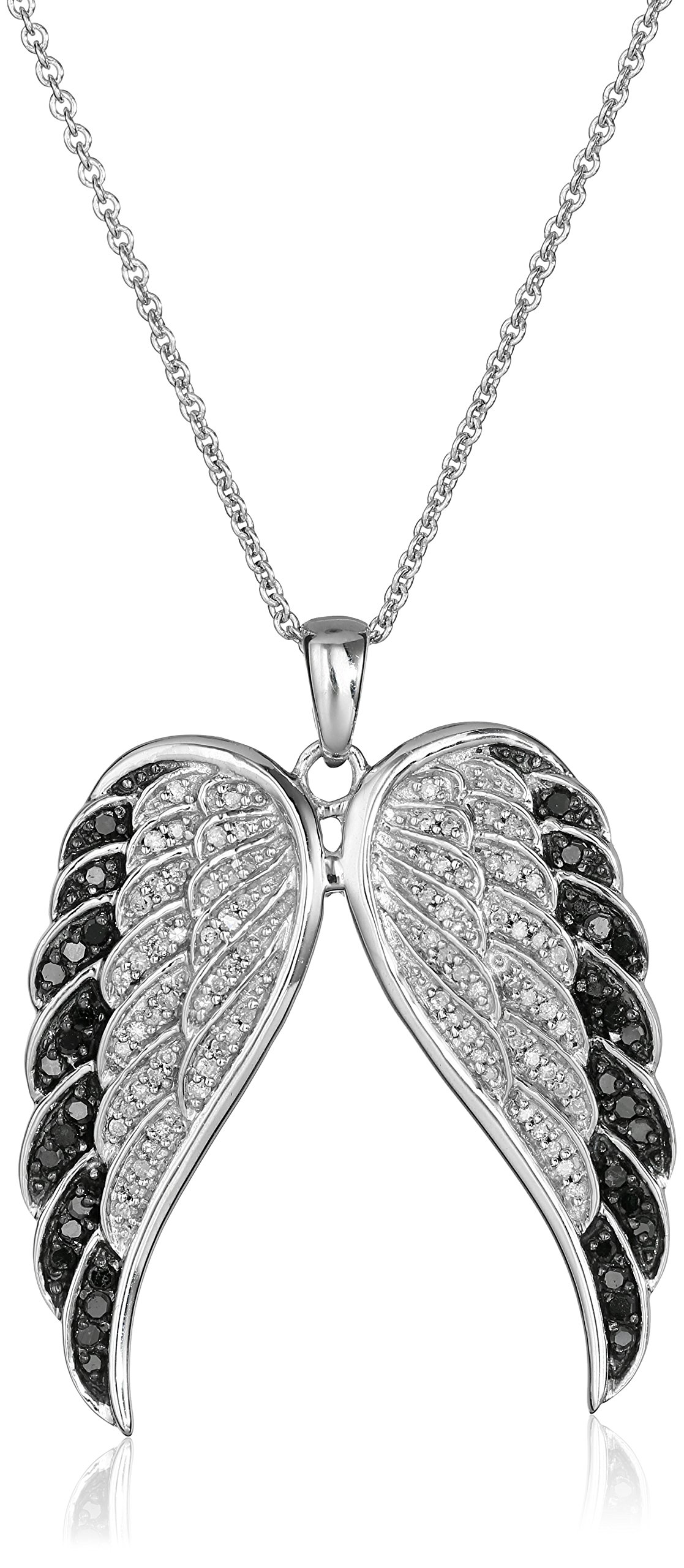 Amazon Collection Sterling Silver Black and White Diamond Angel Wings Pendant Necklace (1/2 cttw), 18
