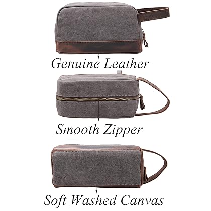 Vintage Leather Canvas Travel Toiletry Bag Shaving Dopp Kit #A001 (Grey)