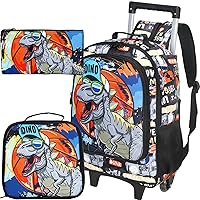 Kids Rolling Backpack for Boys, Roller Wheels School Bookbag with Lunch Bag, Wheeled School Bag for Children - Dinosaur
