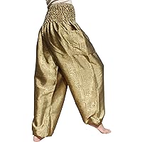 RaanPahMuang Textured Thai Silk Smock Waist MC Hammer Dance Pants with Pocket