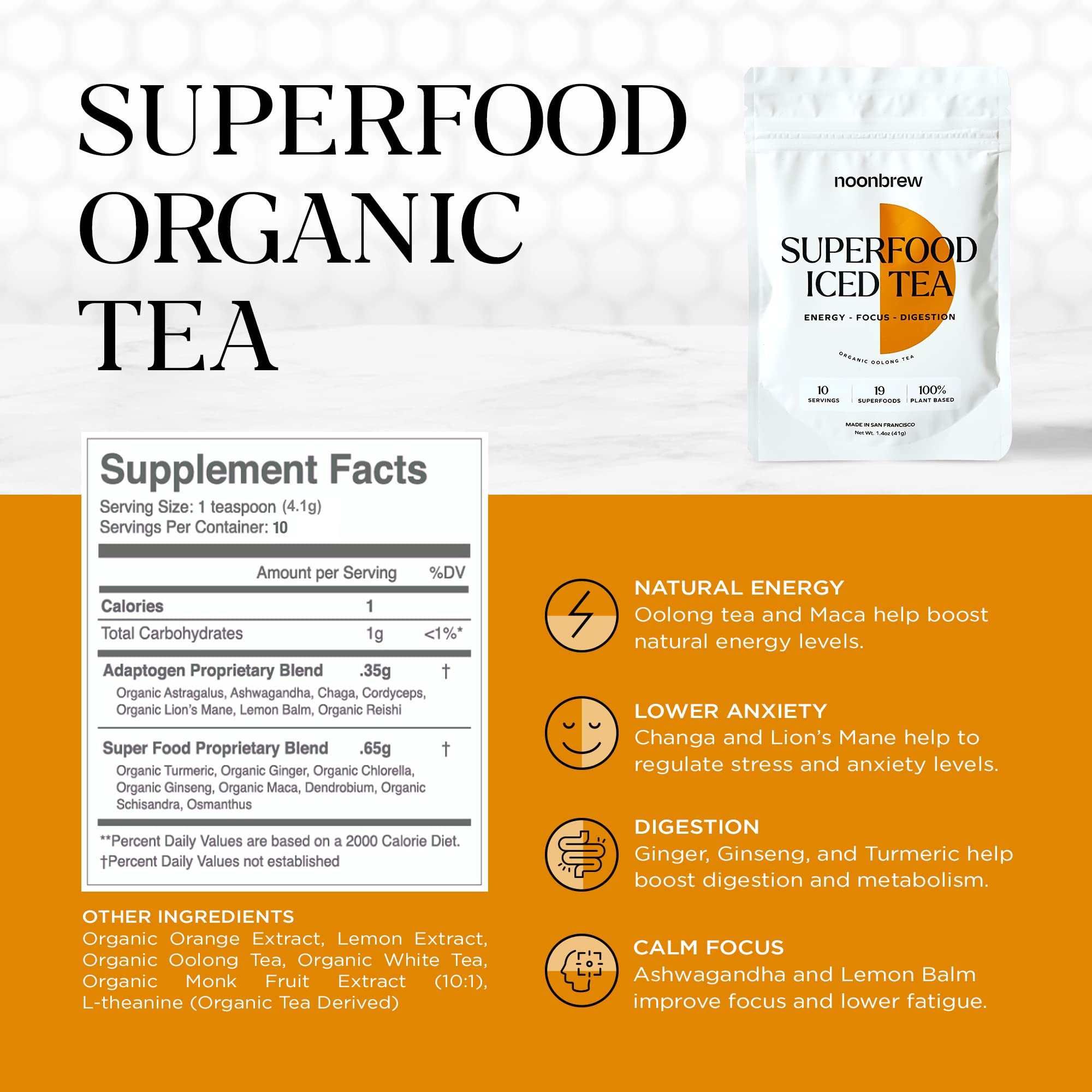 NoonBrew SuperFood Iced Tea - 19 SuperFoods and Adaptogens for All Day Focus, Energy, Digestion Support, Stress Relief, and No Jitters or Crash - Instant Coffee Substitute, Vegan, Keto Friendly, Gluten Free, Low Caffeine (10 Servings - #1 SuperFood Organi