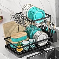 MERRYBOX Dish Drying Rack Large Capacity 2 Tier Dish Drying Rack Multifunctional Rustproof Dish Drainers for Kitchen Counter with Drainboard Leak-Proof Spout,Large Utensil Holder, Cup Holder, Black