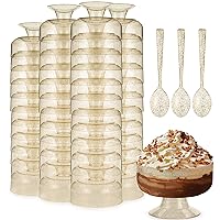 Hedume 48 Pack Gold Glitter Dessert Cups With Spoons, 7oz Disposable Ice Cream Plastic Cups, Medium Large Gold Glitter Dessert Cups Perfect for Weddings & Parties