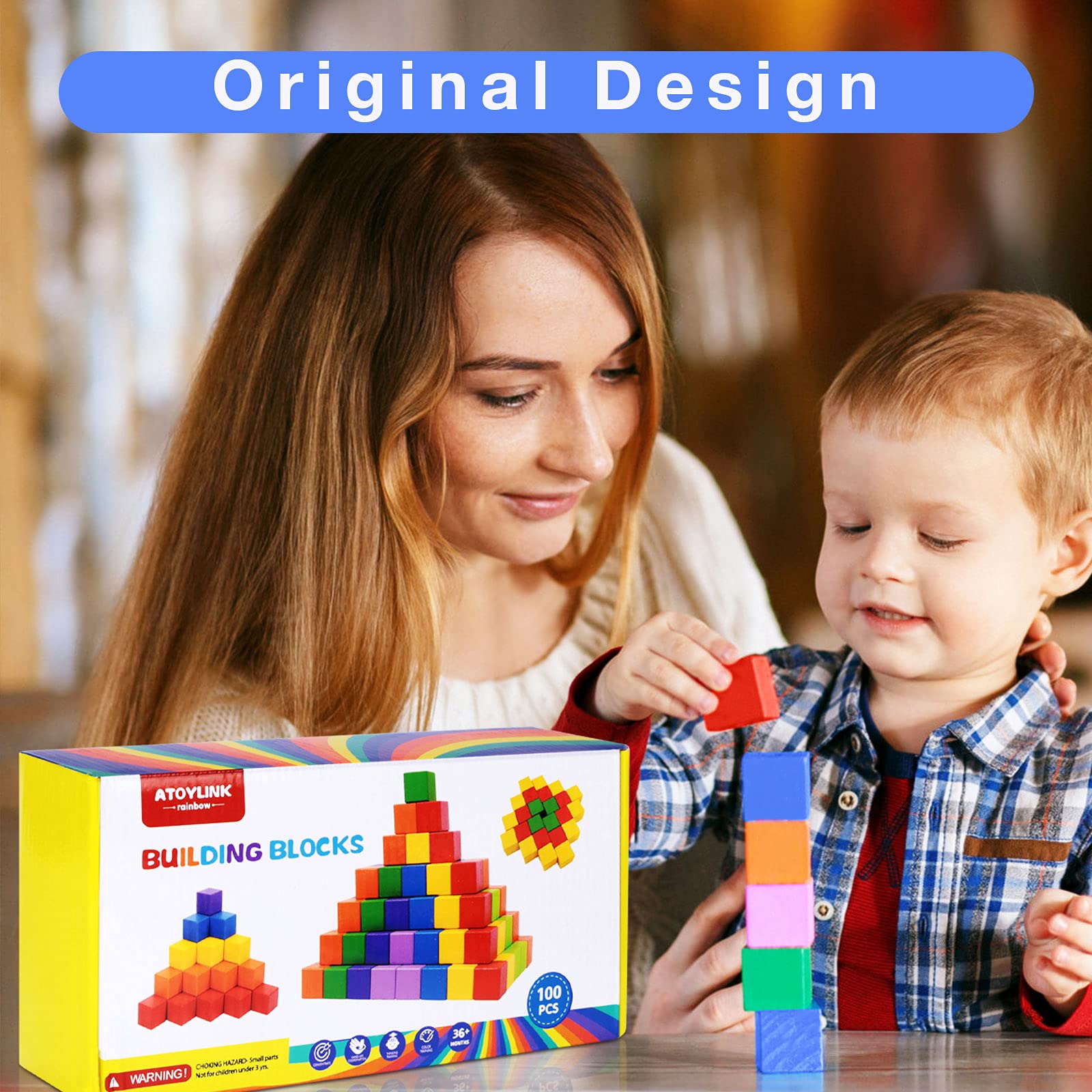 100PCS Wooden Building Blocks Stacking Game 1 Inch Rainbow Cubes Blocks Set Preschool Learning Educational Toys for Toddlers Boys Girls