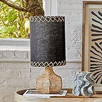 Bloomingville Boho Woven Cane Linen Shade, Natural and Black Table Lamp