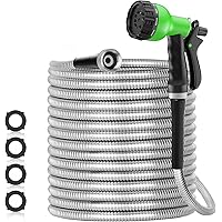 100ft 304 Stainless Steel Garden Hose Metal, Heavy Duty Water Hoses with Nozzles for Yard, Outdoor - Flexible, Never Kink & Tangle, Puncture Resistant (Sliver)