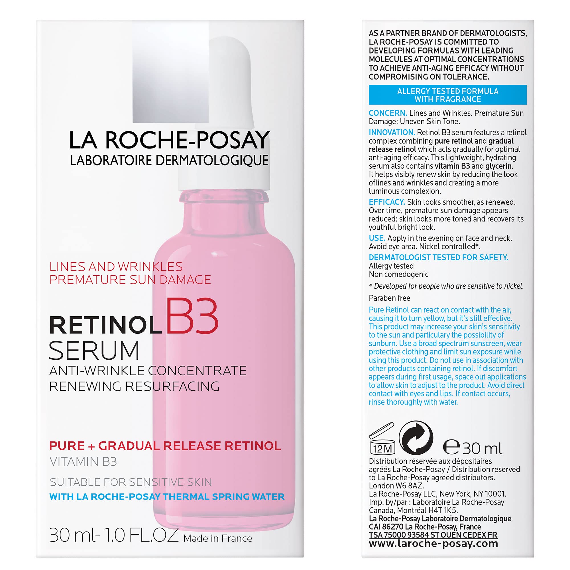 La Roche-Posay Pure Retinol Face Serum with Vitamin B3. Anti Aging Face Serum for Lines, Wrinkles & Premature Sun Damage to Resurface & Hydrate. Suitable for Sensitive Skin, 1.0 Fl. Oz