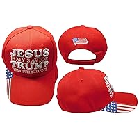 Jesus is My Savior Trump is My President Red USA Flag On Bill Polyester Adjustable Embroidered Baseball Ball Cap Hat, 7 3/4