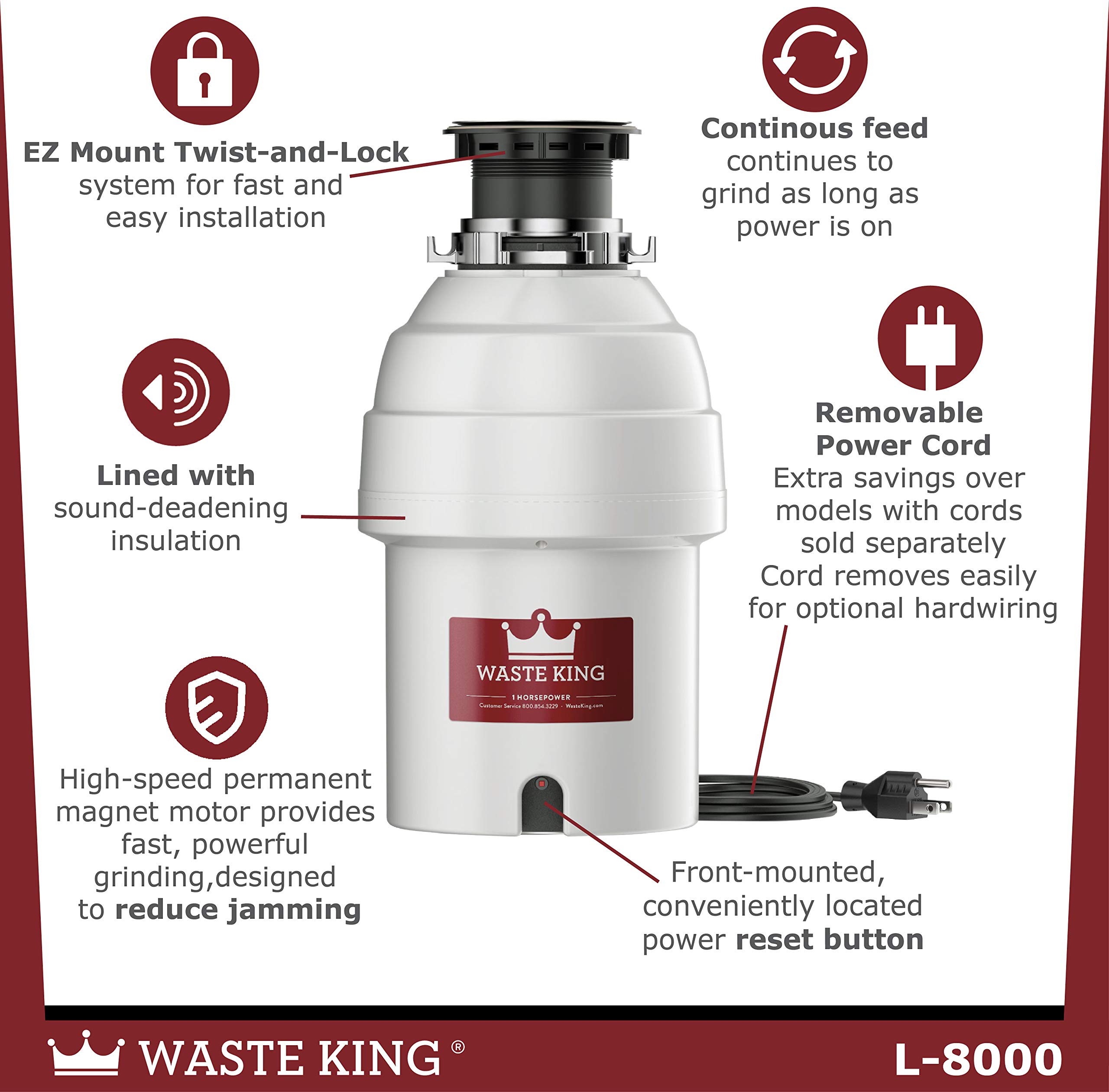 Waste King 1 HP Garbage Disposal with Power Cord, Food Waste Disposer for Kitchen Sink, L-8000