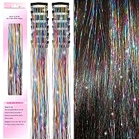 Hair Tinsel Clip in 12Pcs Tinsel Hair Glitter Tinsel Hair Extensions Clip in Hair Tinsel Fairy Hair Tinsel Heat Resistant Sparkly Hair Accessories for Girls Women Kids (12Pcs RAINBOW)