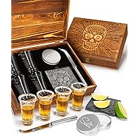 Tequila Shot Glass Sugar Skull Wooden Box Set for Men and Women - 4 Premium Shot Glasses, Garnish Knife, Lime Cutting Stone, Salt Tin, Perfect for Themed Parties