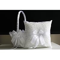 White Flower Girl Basket & Ring Bearer Pillow Set Lace Collection | White Ring Holder | White Wedding Basket