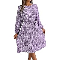 Women's Prom Dresses 2024 Fashion Spring and Summer New Casual Long Sleeve Floral Large Hem Pleated Dress, S-XL