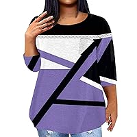 Plus Womens Summer Tops Oversized Tshirts for Women 2024 Summer 3/4 Sleeve Print Fashion Loose Fit with Round Neck Pockets Blouses Purple 3X-Large