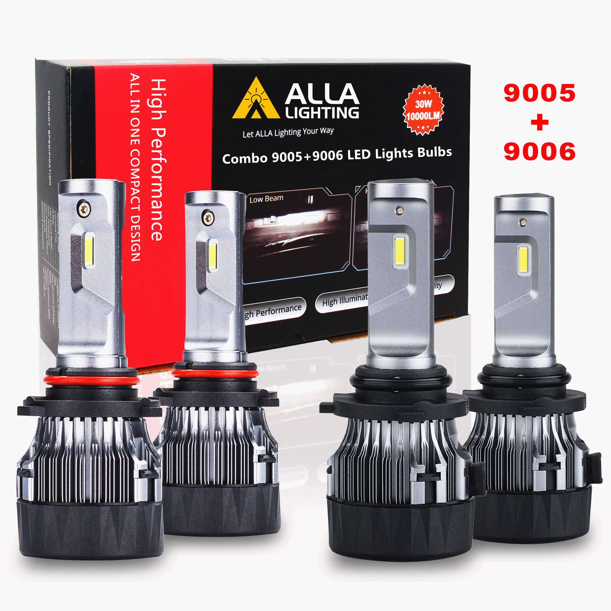 ALLA Lighting S-HCR 9005 9006 LED Bulbs Combo 10000Lms Xtremely Super Bright HB3 HB4 Replacement, 6000K ~ 6500K Xenon White (4 Packs, 2 Sets)