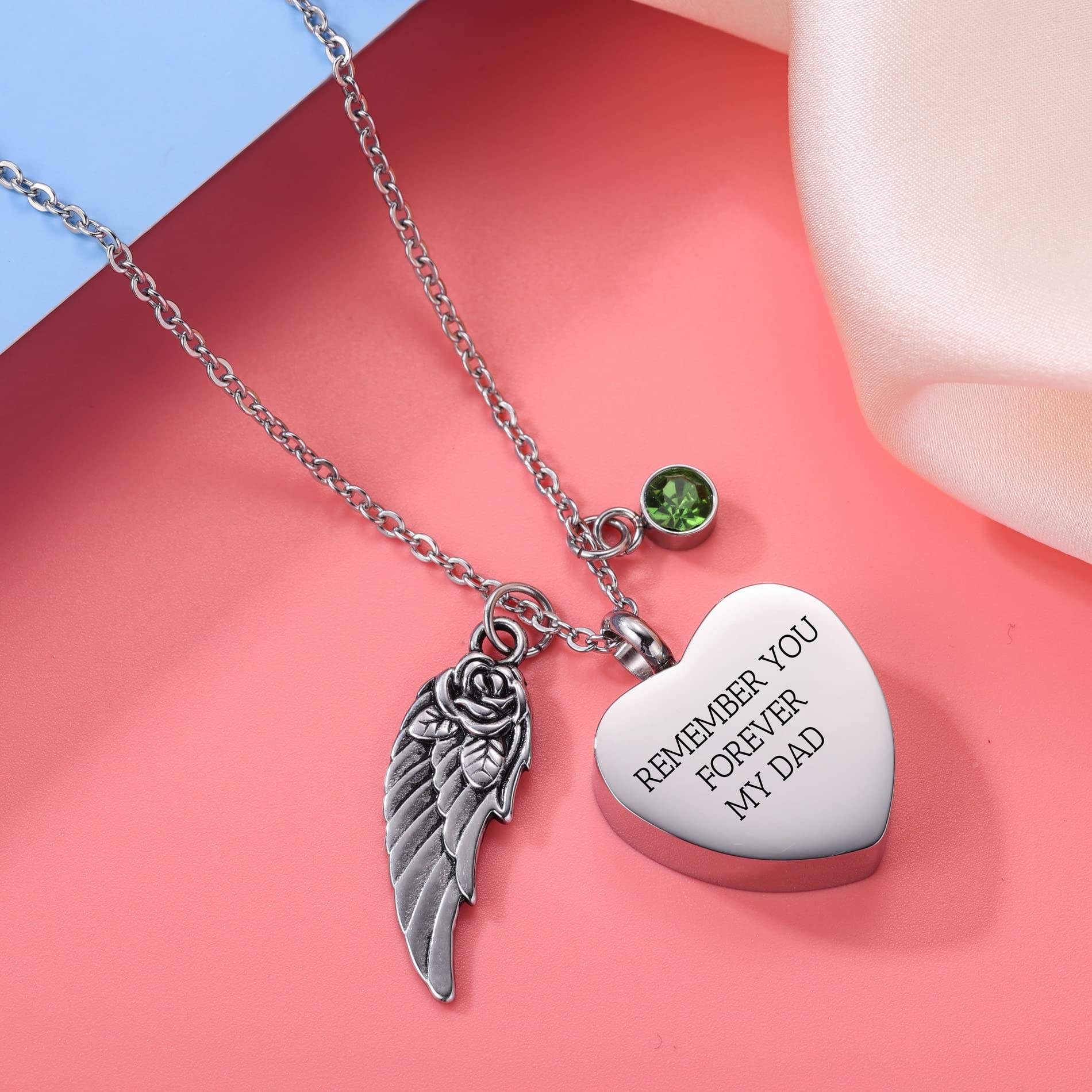 OTXIXTO Personalized Angel Wing Pendant Heart Urn Necklace Engraving Photo/Name for Men Women Girl with Birthstone Stainless Steel Pet Human Ashes Holder Memorial Keepsake Cremation Funnel Kit