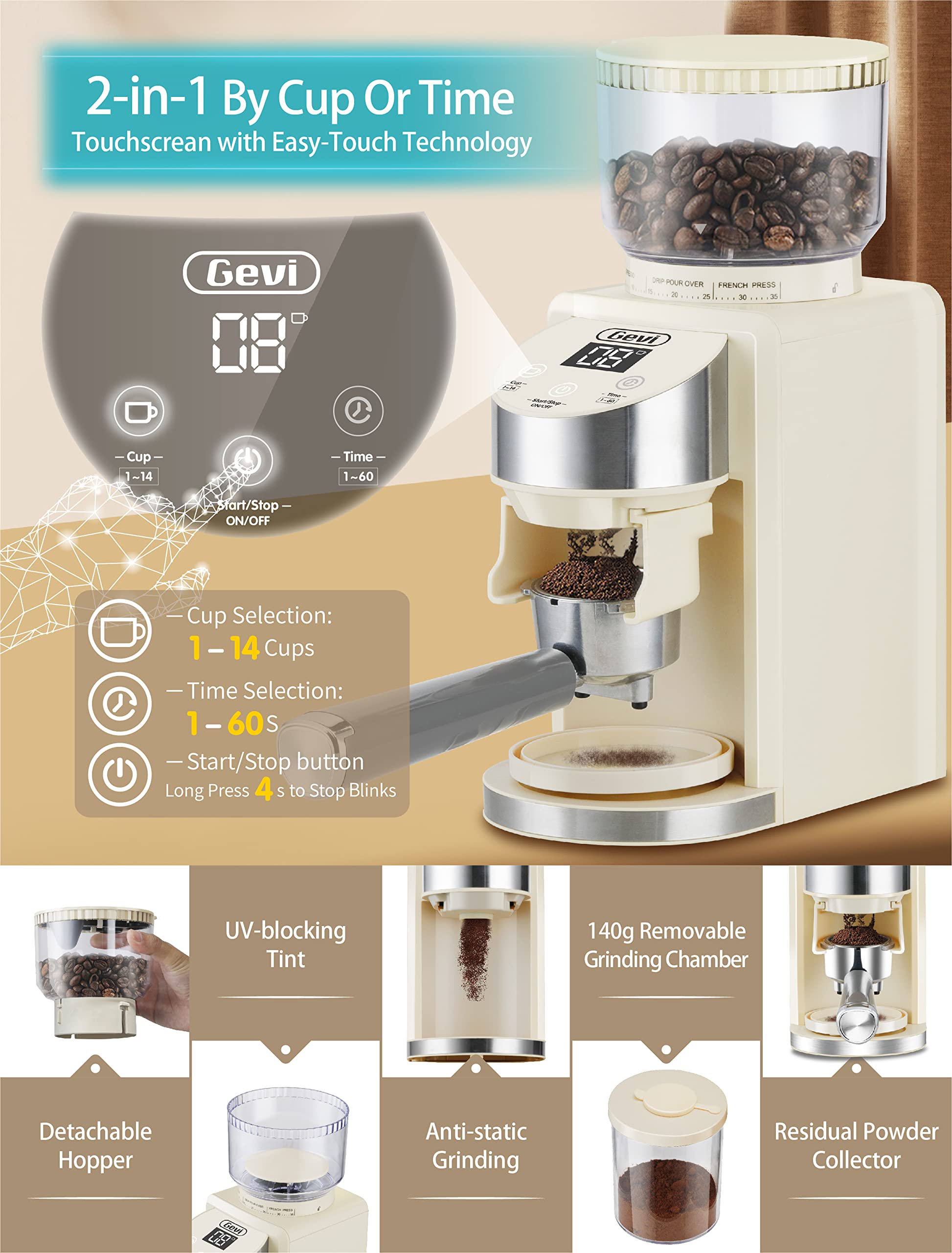 Gevi 20 Bar Compact Professional Espresso Coffee Machine with Milk Frother for Espresso, Latte and Cappuccino with Gevi Burr Coffee Grinder with 35 Precise Grind Settings, Beige